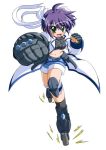  1girl blush clenched_hand clenched_hands d.a denim denim_shorts gloves green_eyes headband inline_skates lyrical_nanoha mahou_shoujo_lyrical_nanoha mahou_shoujo_lyrical_nanoha_strikers punching purple_hair revolver_knuckle roller_skates short_hair shorts skates solo subaru_nakajima 