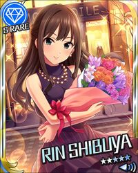  1girl artist_request bangs bouquet brown_hair card_(medium) character_name diamond_(symbol) dress earrings flower green_eyes idolmaster idolmaster_cinderella_girls jewelry long_hair looking_at_viewer necklace official_art ribbon rose shibuya_rin sleeveless sleeveless_turtleneck smile solo turtleneck 