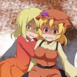 2girls aki_minoriko aki_shizuha arm_hug autumn_leaves blonde_hair breasts cato_(monocatienus) commentary d: dress flat_chest hat medium_breasts mob_cap multiple_girls open_mouth red_eyes scared shaded_face shadow snow tears touhou trembling turn_pale yellow_eyes 