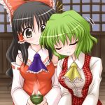  2girls ascot black_hair bococho breasts brown_eyes closed_eyes cup female green_hair green_tea hakurei_reimu head_on_shoulder kazami_yuuka large_breasts multiple_girls plaid plaid_skirt plaid_vest short_hair skirt skirt_set sleeping steam tea touhou vest youkai 