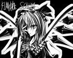  1girl amicis black_background character_name collar crystal demon_wings evil_smile female flandre_scarlet frills hair_over_one_eye looking_at_viewer monochrome parted_lips simple_background smile solo touhou upper_body wings 