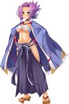  1girl absurdres artist_request blush breasts chouryou_(shia) collar dark_skin feet geta green_eyes hands_on_hips highres japanese_clothes koihime_musou large_breasts looking_at_viewer navel official_art purple_hair sandals sarashi solo standing toes transparent_background 