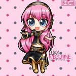  belt blue_eyes boots chibi hand_out headphones long_hair megurine_luka official_artwork open_mouth pink_hair simple_background skirt sleeves smile tagme thigh_highs 