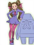  1girl blush breasts brown_hair dress female gradient gradient_background gym_leader hair_ornament hair_slicked_back long_hair nosepass pantyhose partially_colored pink_legwear pokemon pokemon_(creature) pokemon_(game) pokemon_rse shoes smile solo tsutsuji_(pokemon) twintails violet_eyes white_background zaitsu 