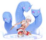  1girl anywhere_dungeon boots braid breasts dark_skin gloves glowing glowing_eyes holding long_hair looking_at_viewer magic_circle medium_breasts red_eyes skirt snake solo squatting thigh-highs thigh_boots white_hair 