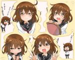  &gt;_&lt; 1girl :d black_legwear blush brown_hair chibi closed_eyes commentary_request crying crying_with_eyes_open fang hair_ornament hairclip ikazuchi_(kantai_collection) kantai_collection looking_at_viewer multiple_views neckerchief open_mouth school_uniform serafuku serakoutarou short_hair smile solo tears translation_request tray xd 
