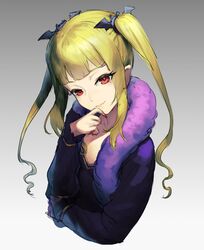  1girl bangs blonde_hair blunt_bangs cozy highres long_hair looking_at_viewer nail_polish original red_eyes red_nails smile solo twintails 