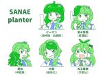  1girl :d bangs blue_bow blue_bowtie blunt_bangs blush_stickers bow bowtie character_name character_sheet detached_sleeves female frog_hair_ornament gohei green_bow green_bowtie green_eyes green_hair hair_ornament hair_tubes itatatata kochiya_sanae leaf open_mouth sidelocks smile snake_hair_ornament solo touhou translation_request upper_body white_background yellow_eyes 