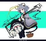  1girl 2016 alternate_costume animal_ears basket belt belt_buckle black_dress black_shoes blue_background buckle cape dowsing_rod dress full_body grey_cape grey_hair hair_ribbon letterboxed long_sleeves mouse mouse_ears mouse_tail nazrin red_eyes ribbon shishi_osamu shoes smile solo tail tail_hold touhou white_background white_legwear yellow_ribbon 