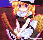  1girl :o apron black_dress blonde_hair blue_eyes braid broom broom_riding dress female hat kirisame_marisa looking_at_viewer omuni parted_lips puffy_short_sleeves puffy_sleeves shaded_face short_hair short_sleeves single_braid sitting solo straddling touhou upright_straddle violet_eyes waist_apron wavy_hair witch_hat 