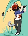  1boy animal_ears animalization cat cat_ears cat_tail commentary_request face_mask golf_club lillu mask overwatch pants shoes short_sleeves single_glove soldier:_76_(overwatch) solo swinging tail visor white_fur 