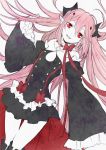  1girl bare_shoulders black_dress boots detached_sleeves dress krul_tepes long_hair looking_at_viewer open_mouth owari_no_seraph pink_hair pointy_ears red_eyes smile solo two_side_up vampire very_long_hair yoma 