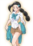  1girl black_hair blue_bow blue_neckwear bow bowtie braid breasts brown_eyes brown_skirt cleavage closed_mouth collarbone collared_shirt covered_nipples eyebrows eyelashes gym_leader hair_ornament large_breasts long_hair long_sleeves looking_at_viewer miniskirt multi-tied_hair pokemon pokemon_(game) pokemon_dppt shirt skirt smile solo suzuna_(pokemon) sweater twin_braids twintails white_background white_shirt zaitsu 