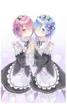  2girls :o black_ribbon blue_eyes blue_hair blush detached_sleeves frilled_sleeves frills hair_ornament hair_over_one_eye hair_ribbon hand_holding highres looking_at_viewer maid maid_headdress multiple_girls neck_ribbon open_mouth orangekun pink_hair purple_ribbon ram_(re:zero) re:zero_kara_hajimeru_isekai_seikatsu red_eyes rem_(re:zero) ribbon ribbon-trimmed_clothes ribbon_trim short_hair siblings sisters standing twins underbust white_legwear x_hair_ornament 