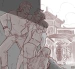  2boys 4girls arm_hug artist_name dl dress elfie_(fire_emblem_if) elise_(fire_emblem_if) fire_emblem fire_emblem_if from_behind greyscale harold_(fire_emblem_if) hiding japanese_clothes kazahana_(fire_emblem_if) kimono long_hair looking_at_another monochrome multiple_boys multiple_girls peeking_out peeping sakura_(fire_emblem_if) short_hair tsubaki_(fire_emblem_if) twintails watch watch yuri 