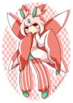  1girl artist_name artist_request bangs blush dated lurantis pants personification pink_hair pokemon red_eyes short_hair sidelocks smile solo source_request striped striped_pants 