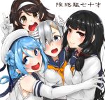  4girls black_hair blouse blue_eyes blue_hair breasts double_bun elbow_gloves eyes_visible_through_hair gloves hair_ornament hair_over_one_eye hair_ribbon hairband hairclip hamakaze_(kantai_collection) hat highres isokaze_(kantai_collection) kantai_collection large_breasts long_hair looking_at_viewer multiple_girls neckerchief red_eyes ribbon sailor_hat school_uniform serafuku short_hair short_sleeves silver_hair sleeves_rolled_up tanikaze_(kantai_collection) tress_ribbon urakaze_(kantai_collection) wasavi_8 white_blouse white_gloves white_hairband 