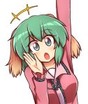  +++ 1girl animal_ears arm_up blue_eyes blush breasts collarbone dog_ears eyebrows eyebrows_visible_through_hair green_hair kasodani_kyouko long_sleeves looking_at_viewer medium_breasts open_mouth pink_shirt shirt simple_background solo touhou upper_body white_background wool_(miwol) 