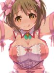  1girl arms_up breasts brown_eyes brown_hair cleavage collar flower hair_flower hair_ornament heart heart-shaped_pupils idolmaster idolmaster_cinderella_girls large_breasts mimura_kanako renoa_yu smile solo symbol-shaped_pupils tongue tongue_out 