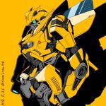  1boy arm_cannon artist_name autobot blue_eyes bumblebee cannon dated glowing glowing_eyes insignia kamizono_(spookyhouse) looking_at_viewer machine machinery male mecha no_humans robot transformers twitter_username weapon yellow_background 