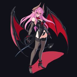  1girl absurdres bare_shoulders black_background black_gloves black_high_heels black_legwear black_panties bochi_(yamakan) bowtie breasts cleavage demon_girl demon_horns demon_tail elbow_gloves female full_body gloves hair_between_eyes high_heels highres horns long_hair looking_at_viewer medium_breasts original panties pink_hair pointy_ears red_eyes serious solo standing succubus tail thigh-highs underwear wings 