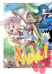  3girls bag blonde_hair blue_eyes blue_hair braid dark_skin dress duffel_bag flower green_eyes green_hair hair_flower hair_ornament hairband hat highres ladle lillie_(pokemon) long_hair magoroku2 mallow_(pokemon) multiple_girls open_mouth palm_tree pokemon pokemon_(creature) pokemon_(game) pokemon_sm short_hair sleeveless sleeveless_dress suiren_(pokemon) sun_hat tree twin_braids twintails white_dress white_hat wishiwashi 