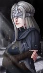  1girl blonde_hair cloak covered_eyes dark_souls_iii face_mask fire_keeper highres jewelry long_hair mask necklace self_hug smile snow snowing solo souls_(from_software) 