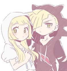  1boy 1girl blonde_hair brother_and_sister gladio_(pokemon) green_eyes hair_over_one_eye hood hood_up hoodie lillie_(pokemon) long_hair ningukt pokemon pokemon_(game) pokemon_sm short_hair siblings simple_background torn_clothes upper_body white_background 