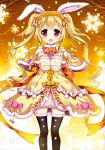  1girl absurdres animal_ears black_legwear blonde_hair bow capelet dress fake_animal_ears fujima_takuya gloves highres long_hair looking_at_viewer open_mouth original rabbit_ears red_eyes scan snowflakes solo thigh-highs twintails very_long_hair white_gloves yellow_bow 