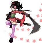  1girl armor black_hair brown_eyes cherry_blossoms comb floral_print flower gauntlets hair_flower hair_ornament japanese_armor japanese_clothes katana kimono kote kurokote long_hair masn_(moxi) momohime oboro_muramasa panties sandals sheath short_kimono smile sode solo sword thigh-highs underwear upskirt weapon zettai_ryouiki 