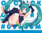  1girl armpits arms_up artist_name ass black_boots black_shirt blush boots breasts circle_name detached_sleeves full_body green_eyes green_hair hatsune_miku headphones highres long_hair medium_breasts multicolored_skirt musical_note musical_note_print necktie number ohara_tometa open_mouth own_hands_together pleated_skirt qp:flapper red_necktie scan shirt skirt sleeveless sleeveless_shirt solo thigh-highs thigh_boots twintails very_long_hair vocaloid wing_collar 
