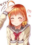  1girl ahoge bangs blush bow bowtie closed_eyes clover_hair_ornament commentary eyebrows eyebrows_visible_through_hair hair_bow hair_ornament hand_on_another&#039;s_head hands_up happy heart highres love_live! love_live!_sunshine!! mizukoshi_(marumi) orange_hair petting red_bow red_bowtie school_uniform serafuku short_hair simple_background smile solo_focus takami_chika translated white_background 