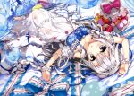 1girl absurdres barefoot bed_sheet black_eyes bow collarbone dress feet fujima_takuya highres long_hair looking_at_viewer lying on_back open_mouth original scan see-through silver_hair solo toes white_dress wrist_cuffs 