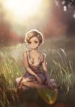  1girl absurdres aro_(charged_time_out) bangs blonde_hair breasts cleavage collarbone day dress field full_body highres lens_flare original outdoors short_hair sitting small_breasts smile solo sundress sunlight swept_bangs white_dress yellow_eyes yokozuwari 