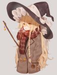  1girl artist_name black_hat blonde_hair blush bow braid breath broom buttons charm_(object) coat cowboy_shot eyebrows eyebrows_visible_through_hair eyes_visible_through_hair frilled_hat frills grey_background hair_bow hair_ornament hair_tie hajin hands_in_pockets hat hat_bow highres kirisame_marisa long_braid long_hair long_sleeves mini-hakkero parted_lips plaid plaid_scarf scarf side_braid simple_background single_braid solo steam touhou very_long_hair winter_clothes winter_coat witch_hat yellow_eyes 