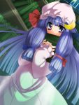  1girl book covering_mouth crescent female long_hair patchouli_knowledge purple_hair shouji_ayumu solo team_shanghai_alice touhou violet_eyes 