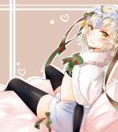  1girl bell black_gloves black_legwear blonde_hair elbow_gloves fate/apocrypha fate/grand_order fate_(series) gloves hair_ribbon headpiece helmet highres jeanne_alter jeanne_alter_(santa_lily)_(fate) looking_at_viewer ribbon ruler_(fate/apocrypha) short_hair solo yellow_eyes 