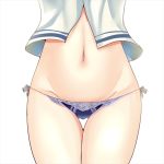  1girl blue_panties close-up groin kantai_collection lace navel no_pants out_of_frame panties paundo2 side-tie_panties simple_background solo stomach string_panties thigh_gap underwear urakaze_(kantai_collection) white_background 