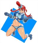  1girl blue_eyes bouncing_breasts breasts full_body fuuro_(pokemon) gloves gym_leader hair_ornament jumping large_breasts long_hair midriff navel pokemon pokemon_(game) pokemon_bw redhead shoes simple_background smile solo zaitsu 