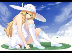  1girl bangs blonde_hair blue_shoes blue_sky blunt_bangs blush braid clouds dress enatsu eyebrows eyebrows_visible_through_hair grass green_eyes hat highres kneehighs lillie_(pokemon) long_hair looking_at_viewer open_mouth poke_ball pokemon pokemon_(game) pokemon_sm shoes sitting sky sleeveless sleeveless_dress solo sun_hat twin_braids white_dress white_hat white_legwear wind 