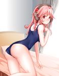  1girl absurdres ahoge arm_up ass bed blush breasts closed_mouth cowboy_shot from_behind headphones highres long_hair looking_at_viewer looking_back onceskylark one-piece_swimsuit pink_hair red_eyes school_swimsuit shoulder_blades simple_background solo standing standing_on_one_leg swimsuit tirpitz_(zhan_jian_shao_nyu) white_background zhan_jian_shao_nyu 