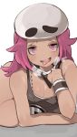  1girl bandanna breasts breath cleavage dark_skin hat heavy_breathing jewelry necklace npc_trainer open_mouth pink_eyes pink_hair pokemon pokemon_(game) pokemon_sm simple_background solo tank_top team_skull team_skull_grunt toi_(toiot) tongue tongue_out 