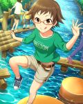  1boy 2girls artist_request belt brown_eyes brown_hair glasses green_shirt idolmaster idolmaster_cinderella_girls kitagawa_mahiro multiple_girls official_art orange-framed_eyewear shirt shoes short_hair shorts smile sneakers solo_focus sparkle white_shirt yellow_shirt 