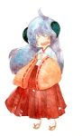  1girl ahoge bad_id blush closed_eyes deko detached_sleeves eyebrows hanyuu higurashi_no_naku_koro_ni horns japanese_clothes long_hair miko purple_hair red_hakama skirt smile solo tabi traditional_media watercolor_(medium) zouri 