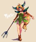  1girl :d blonde_hair blue_eyes breasts character_name cleavage detached_sleeves kara_(color) legs legs_crossed long_hair low-tied_long_hair miniskirt open_mouth polearm riesz seiken_densetsu seiken_densetsu_3 skirt smile solo spear standing tied_hair weapon 