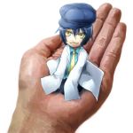  androgynous blue_hair cabbie_hat hands harald hat kneeling labcoat minigirl necktie negi_hei oversized_clothes persona persona_4 reverse_trap shirogane_naoto short_hair smile solo yellow_eyes 