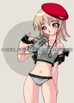  brown_eyes brown_hair cagalli_yula_athha crop_top dog_tags dogtags gun gundam gundam_seed gundam_seed_destiny handgun hat jacket midriff navel open_mouth panties pistol semiautomatic underwear weapon 