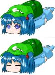  :&gt; backpack bag blue_hair chibi hat kawashiro_nitori lying on_stomach short_hair sketch touhou 