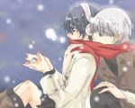  black_hair blue_eyes breath cold couple earmuffs narukami_yuu persona persona_4 scarf seta_souji shared_scarf shirogane_naoto snow winter 
