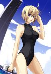  ahoge bad_id blonde_hair blue_eyes blush breasts chrome_shelled_regios cloud clouds collarbone competition_swimsuit hair_ornament kuruma_(rk) nina_antalk one-piece one-piece_swimsuit open_mouth short_hair sky standing swimsuit wet 